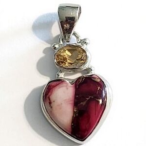 Sterling Silver Heart Pendant with Red and Pink Mookaite Jasper Yellow Citrine